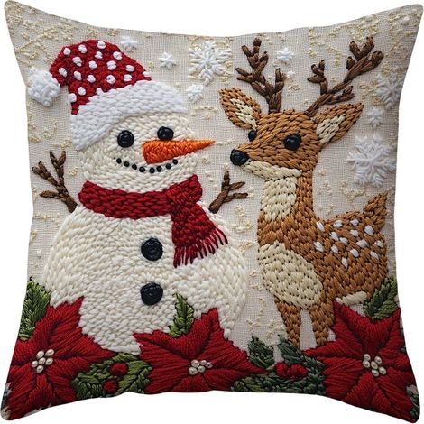 Housse De Coussin Noel - Lin - 45 X 45 Cm - Motif Cerf Pere Noel Sapin - Fermeture Eclair Cachee - 1 Unite (1/5)