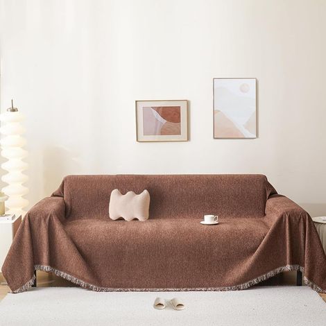 Sofabezug aus Chenille mit Fransen, rutschfest, haarabweisend (Haustiere/Kinder), braun, 230 x 380 cm