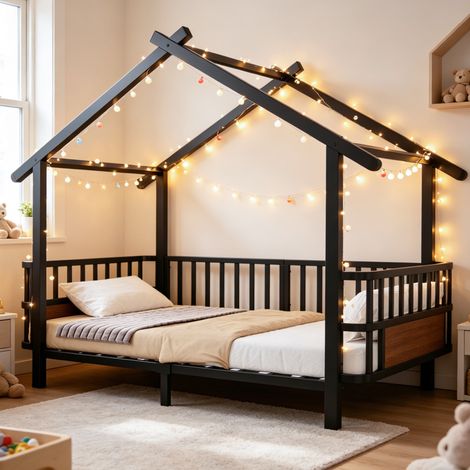 Kinderbett 90x200 cm Schwarz aus Metall im Hausdesign mit Sicherheitsgittern und Dachrahmen (1/5)