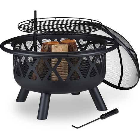 Relaxdays Brasero Exterior con Parrilla, Protector Antichispas y Atizador, Estufa Jardín y Terraza, 75 cm, Acero, Negro (1/5)
