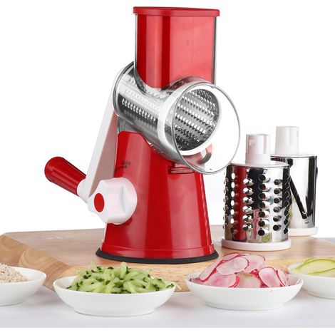 Affettatrice manuale da cucina, tagliaverdure multifunzione con 2 lame a tamburo staccabili, grattugia per patate, carote, formaggio, noci, ecc.
