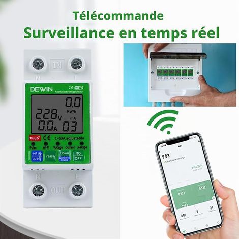 Compteur Intelligent, Compteur d'énergie Intelligent Compteur électrique Minuterie Interrupteur avec Protection Contre Les Surtensions et Les sous-tensions 2P 63A AC 80-300V (1/3)