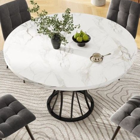 Table à manger ronde 80 cm effet marbre avec pieds noirs en métal, table de cuisine moderne pour 2 à 4 personnes, salon salle à manger (1/5)
