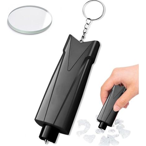 Marteau de sécurité 2-en-1 pour voiture avec brise-vitre et coupe-ceinture, porte-clés et verre de test inclus, en aluminium, portable, noir (1/5)
