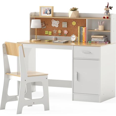 COSTWAY Set Scrivania e Sedia per Bambini 3+ Anni, Tavolo da Scrittura in Legno con Mensole, Cassetto e Bacheca in Sughero, Tavolo e Sedia per Disegno e Studio (Naturale)
