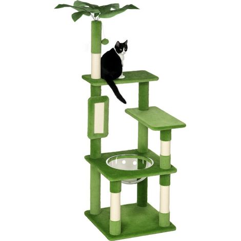 Multi-level cat tree with hammock, scratching post, ball and decorative leaves, 49 x 49 x 142 cm, green (1/5)
