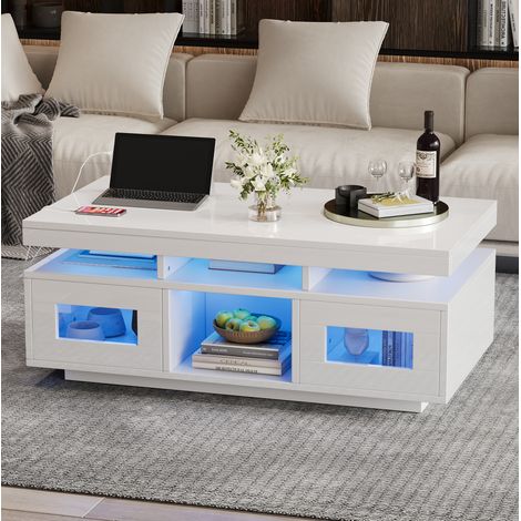 Mesa de centro blanca 100 x 50 x 43 cm con LED controladas por app, enchufe y USB HAVRYA (1/5)