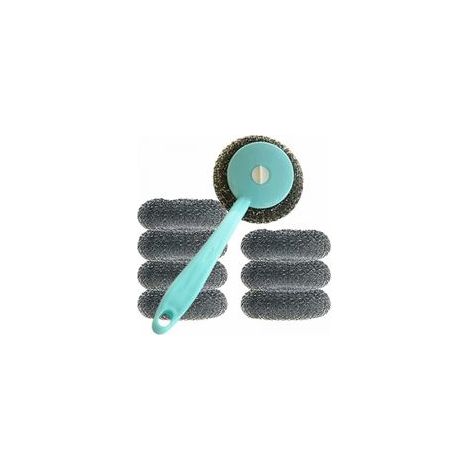 1 ensemble de brosses à pot à long manche pour le nettoyage de la cuisine - 1 brosse à pot bleue à long manche + 8 boules de laine d'acier individuelles (1/5)