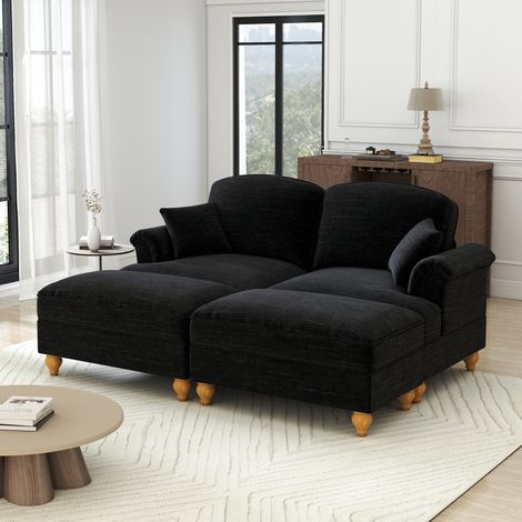 Canapé 2 plazas modular de chenilla negro con taburete móvil y faldón desmontable (1/5)