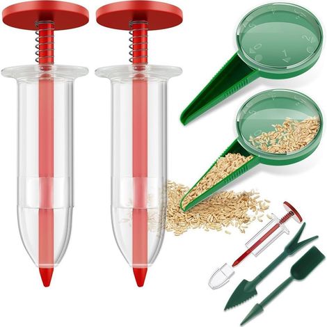 Kit d'outils de semis : distributeur 5 vitesses, plantoir ergo et transplanteur pour plantation précise, vert. (1/5)