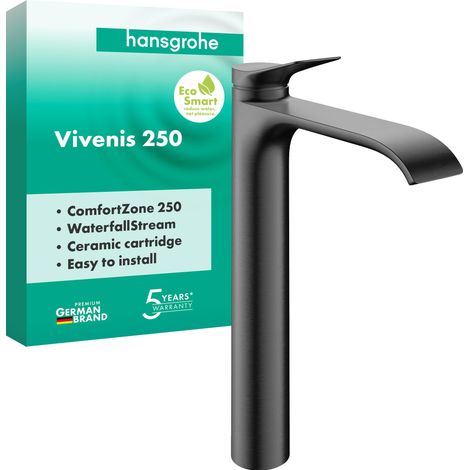 Mitigeur de lavabo sans vidage, robinet de salle de bain avec bec hauteur 250 mm, mitigeur lavabo économe en eau, chrome noir brossé (1/5)
