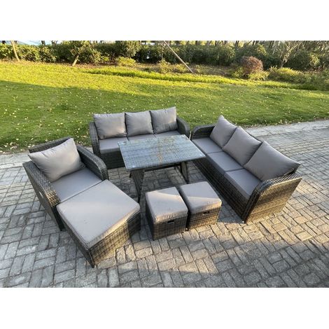 Fimous Wicker 7 Stücke Polyrattan Gartenmöbel set mit Rechteckiger Esstisch Sessel 3 Hockern Dunkelgrau Gemischt (1/5)