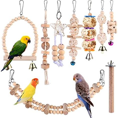 Jouets pour Oiseaux - Jouets à Mâcher pour Oiseaux, Lot de 9 Jouet Perroquet en Bois Naturel, Échelles, Balançoires, Cloches, Jouet pour Perroquet,Oiseaux,Perruches,Petite Aras,Oiseaux Inséparables (1/5)