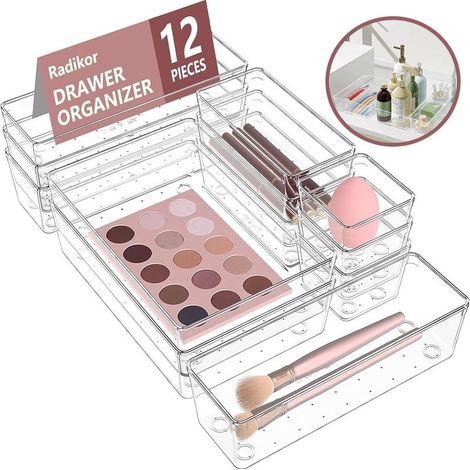 Set of 12 organizer of drawer in plastic transparent 4 sizes 22,9x15,2x5,3cm Storage for cosmetics, desk, kitchen (1/5)