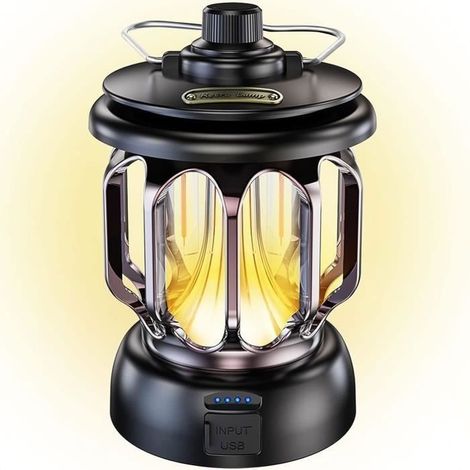 (Noir)LED Lampe Camping Rechargeable USB Vintage Dimmable Lumière Chaude et Blanche 5200mAh Power Bank ,Noir[Classe énergétique A+++] (1/4)