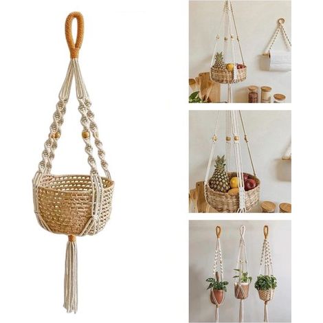 Panier suspendu en corde de coton tressée pour plantes - Filet pour pot de fleurs - Panier suspendu - Pot de fleurs en corde de coton - Avec pompon - 90 cm - Convient pour les pots de fleurs, le range (1/5)