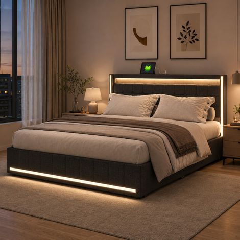 Lit double 140x200 cm, Lit adulte avec LED et chargement USB, 4 tiroirs, sommier à lattes, en lin, gris foncé, matelas non inclus (1/5)