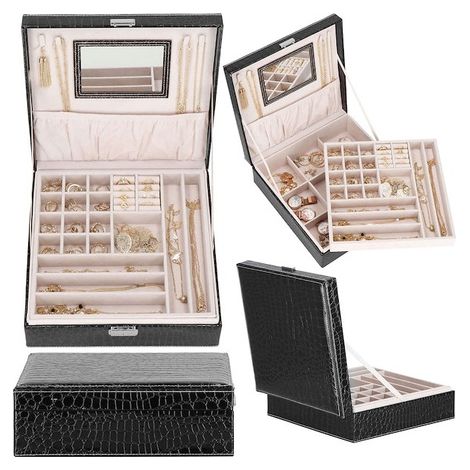 Szkatułka de joyería de piel ecológica 26x26x8,5 cm, estuche negro con compartimentos. (1/5)