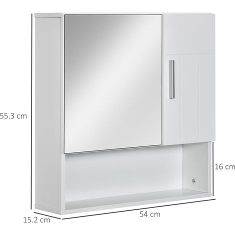 Armoire de salle de bain avec miroir et étagères réglables, miroir de salle de bain avec armoire à 2 portes et étagère ouverte en bois et verre, 54 x 15,2 x 55,3 cm, blanc (1/5)