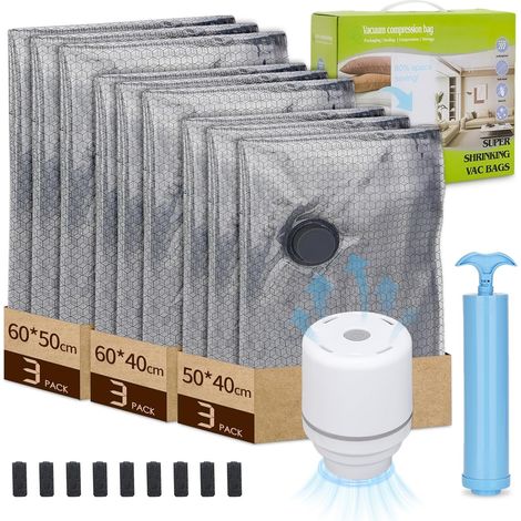 Sac Sous Vide Vetement Aspirateur avec Pompe Électrique, 9 Pièces (3x 40x50cm, 3x 40x60cm, 3x 50x60cm) Sac de Rangement Sous Vide Réutilisables pour Compression Pulls, Chemises, Voyages (1/5)