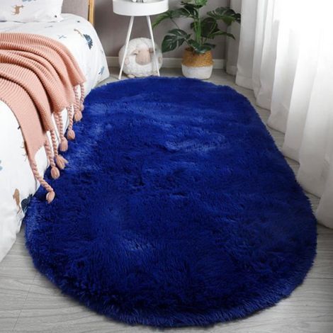 Tapis Shaggy - 80 x 160 cm - Forme Ovale - Polyesther - Bleu Foncé - Pour Salon Chambre Balcon Couloir - 1 Pièce (1/3)