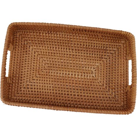 Plateau de service en rotin rectangulaire grande capacité avec poignées, panier décoratif durable pour fruits, desserts, cuisine et maison (1/5)