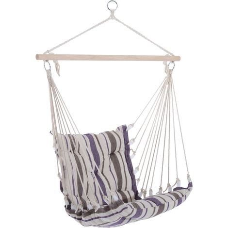 Outdoor Hanging Rope Chair with Soft Padded Seat & Backrest, Garden Hammock Chair with Wooden Support Bar Cotton Cloth, Portable Garden Chair for Patio & Tree, Brown