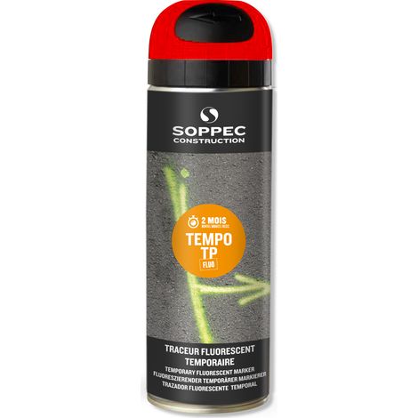Soppec – Bombe de peinture traceur de chantier rouge fluo – Marquage temporaire 2 mois – Aérosol 500 ml pour béton et bitume