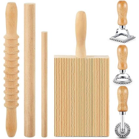 Kit de fabrication de pâtes 7 pièces : planche à gnocchis en bois avec emporte-pièce à raviolis et rouleau à pâtisserie, pour faire des pâtes maison. (1/5)