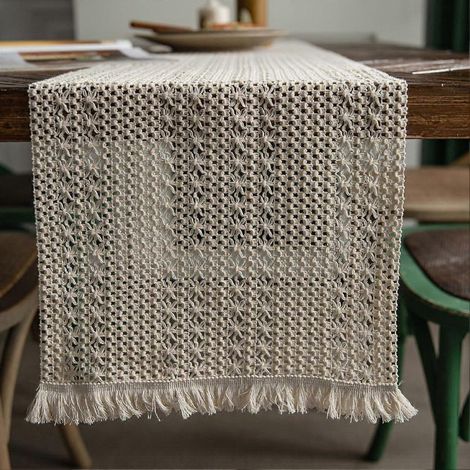 Chemin de table à motifs géométriques avec pompons, style rustique, 178 cm (70 pouces)