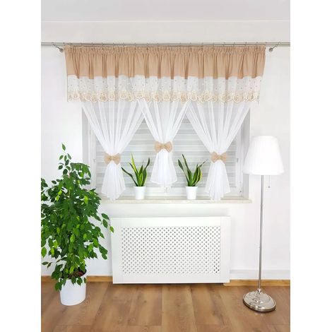 Tenda ricamata decorata con graziosi fiocchi - beige (1/5)
