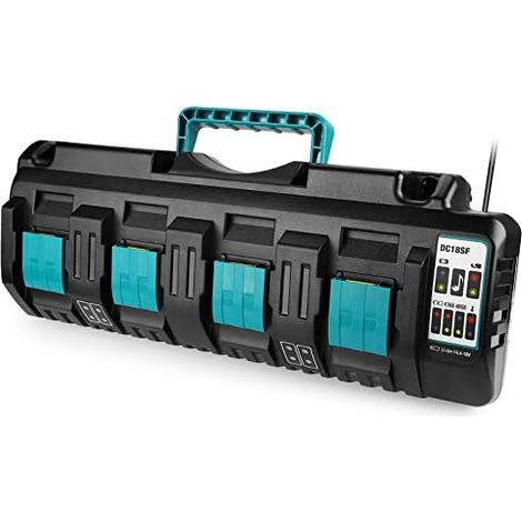 Chargeur rapide 4 ports pour batteries Makita 14,4V-18V, compact, avec 2 ports USB, adaptateur universel, charge simultanée, idéal atelier. (1/5)