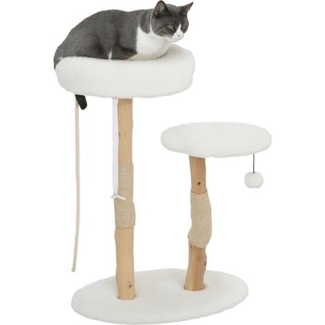 Katzenbaum mit Kletterfunktion, Bett, Kratzstämmen, Sprungplattform, Ball und Spielseil, 58 x 40 x 85 cm, weiß