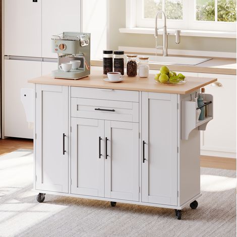 Isla de cocina 136x70x92 cm blanco y natural en MDF con tablero extensible y ruedas (1/5)