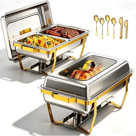 Lot de 2 Plats Chauffants Dorés avec Fenêtre Transparente, 8,5L Rectangulaire pour Buffet avec Support Pliable, Chaudrons en Acier Inoxydable pour Fêtes et Événements de Traiteur (1/5)