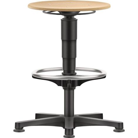 Tabouret pivotant avec roulettes au sol et anneau de fixation, bois de hêtre naturel, hauteur d'assise 560-830 mm, HO (1/3)