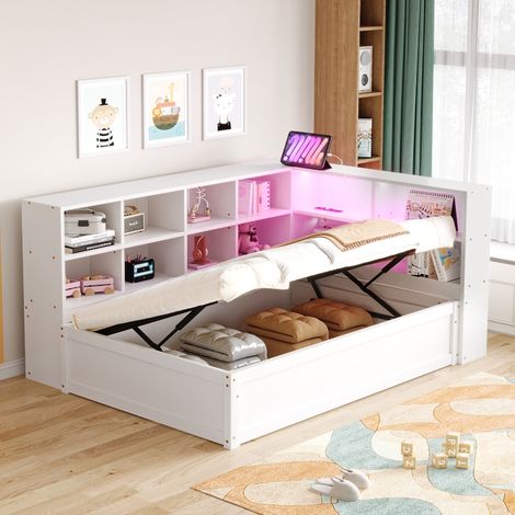 Schlafsofa 90x200 cm mit hydraulischem Bettkasten und Staufächern, Multifunktionsbett aus Massivholz mit LED-Beleuchtung und Steckdose, Weiß (1/5)