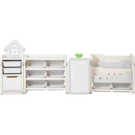 Mophorn Organizador de juguetes infantil con estantería de 4 niveles, incluye 10 compartimentos de plástico removibles y tablero para dibujar. Ideal para sala de estudio, dormitorio, área de juegos