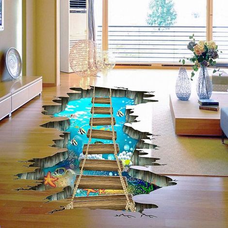3D-Bodenaufkleber, Unterwasserwelt, Seesterne, bunte Fische, abnehmbar, Meeresliebe, niedliche Holzhängebrücke, PVC-Wandaufkleber, Sinnesraum D (1/5)