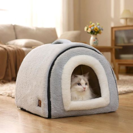 Niche de couchage 2 en 1 pour chat et petit chien - Maisonnette pliable confortable en peluche douce - Lit douillet pour animaux domestiques (1/5)