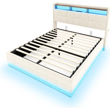 Cama canapé 140x200 cm beige con LED, almacenaje, USB/Type-C y somier de láminas HOMVRA (1/5)
