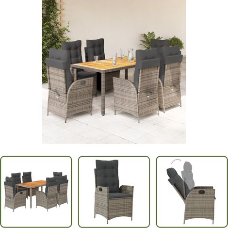 Gartentisch - 7-tlg. Garten-Essgruppe mit Kissen Grau Poly Rattan (1/5)