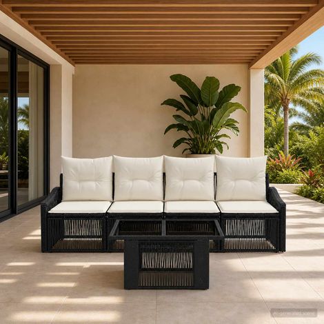 vidaXL Conjunto de sofás de jardín 5 uds. Negro y Blanco Crema (1/5)