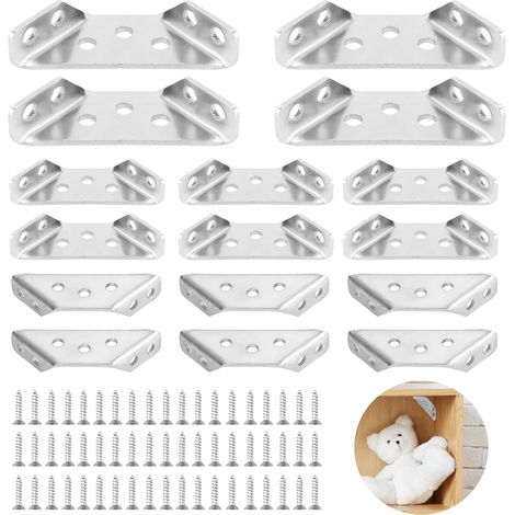 Lot de 16 supports triangulaires en acier inoxydable - 60 x 30 mm - Avec vis M4 x 16 - Pour étagères en bois, armoires, tables (1/5)