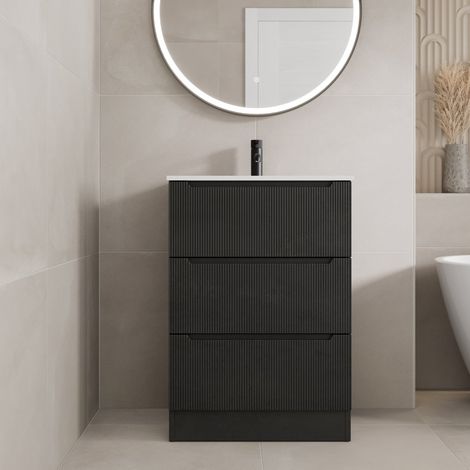 600mm Bathroom Cloakroom Vanity Unit White Basin Floorstanding 1 Tap Hole Soft Close, Black (1/5)