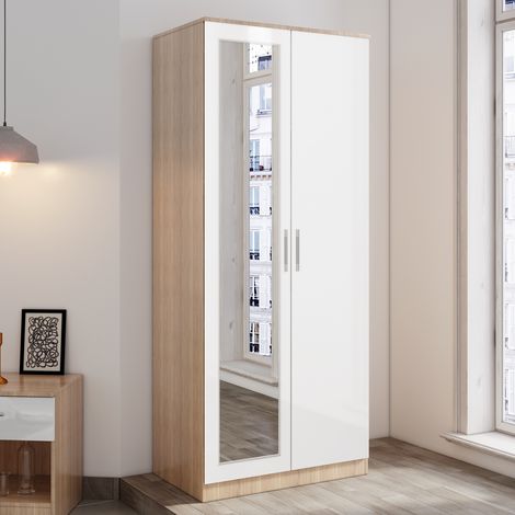 ELEGANT Modern Soft Close 2 Doors Wardrobe with Mirror and Metal Handles Includes a removable hanging rod and storage shelves, White/Oak (1/5)