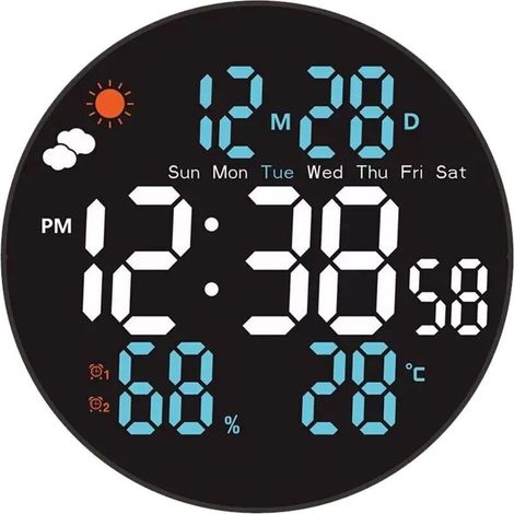 Grand Modèle d'Horloge Murale Numérique 20cm - Écran RVB avec Télécommande - Affichage Automatique Luminosité/Température - Alarme Programmable - Idéal Salon ou Chambre