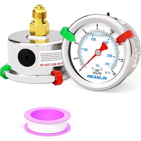 016Bar/0230Psi Pressure Gauge 1/8" BSP 1.5" Front Dial, Liquid Filled Stainless Steel Pressure Gauge, WOG Water Oil Air Rear Mount (with 2 Snap Buttons) (1/5)