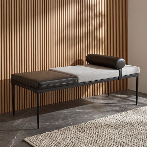 Wahson Panca Ingresso con Vassoio in Legno e Gambe in Metallo, Panca Camera da Letto in Pelle e Tessuto di Lino 140x55x47 cm, Grigio (1/5)