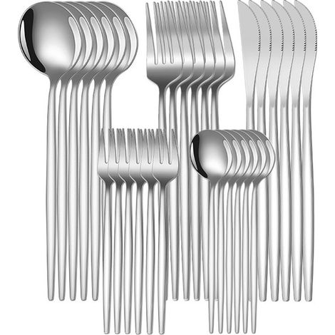 Service de table 30 pièces - Service de table 6 personnes - Service de table - Ensemble couteau, fourchette et cuillère - Service de couverts à steak - Vaisselle - Argent - Acier inoxydable argenté (1/5)